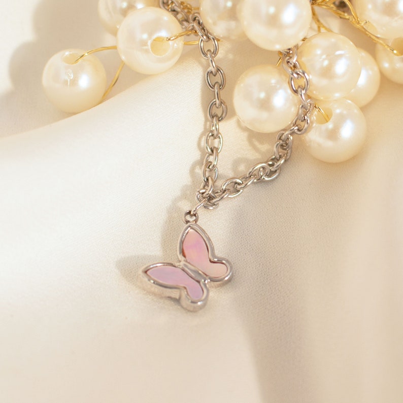 Silver Butterfly Anklet: Mother of Pearl Charm, Delicate Ankle Bracelet