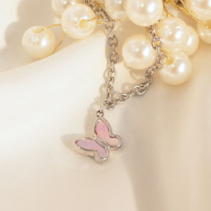 Silver Butterfly Anklet: Mother of Pearl Charm, Delicate Ankle Bracelet