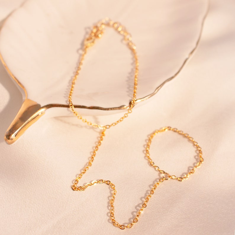 Gold Chain Bracelet for Her Dainty Link Ring Bracelet slave Bracelet Finger Chain Bracelet