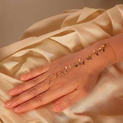 Gold leaves hand chain ring chacha slave ring chain bracelet best gift for her
