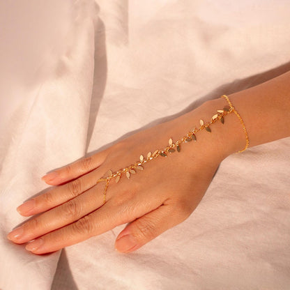 Gold leaves hand chain ring chacha slave ring chain bracelet best gift for her