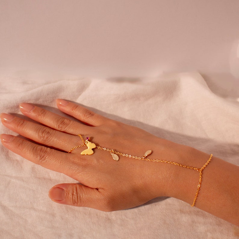 Butterfly hand chain Bracelet ring birthstone gold butterflies slave ring chain gold rings best gift for her