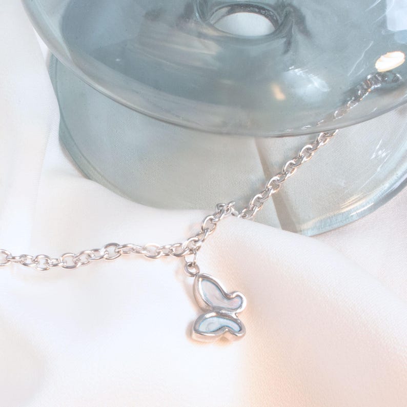 Silver Butterfly Anklet: Mother of Pearl Charm, Delicate Ankle Bracelet