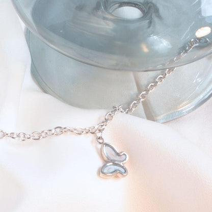 Silver Butterfly Anklet: Mother of Pearl Charm, Delicate Ankle Bracelet