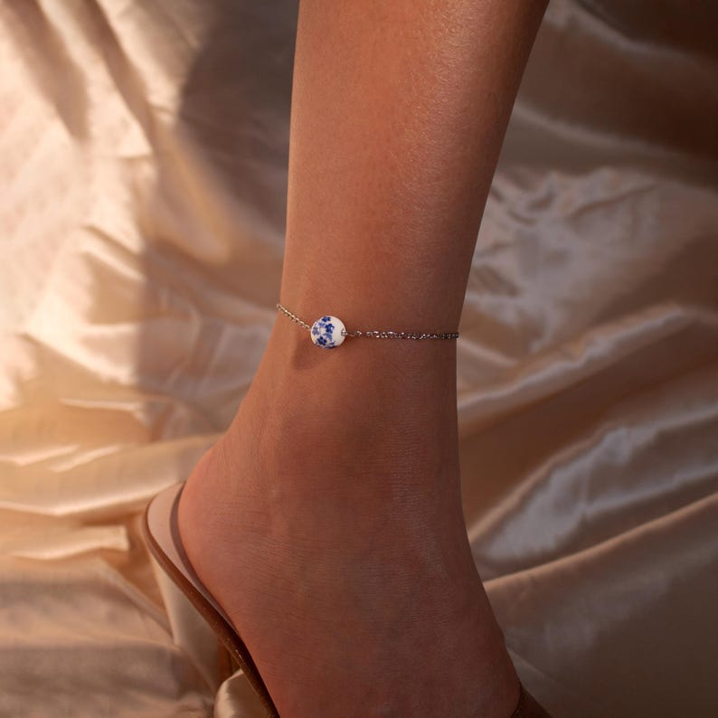 Ceramic Flower Charm Anklet: Asian Style, Something Blue