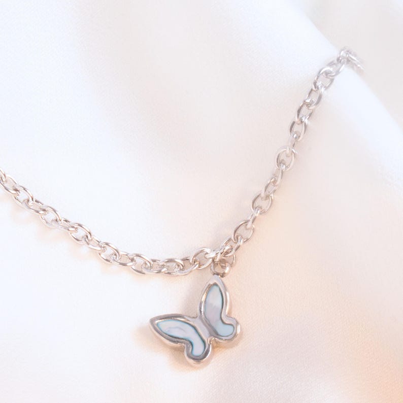 Silver Butterfly Anklet: Mother of Pearl Charm, Delicate Ankle Bracelet