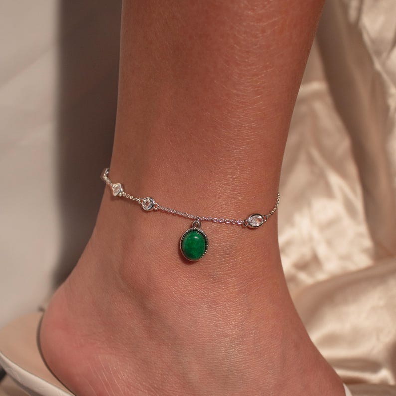 Green Onyx Gemstone Anklet: Something Blue Bridal Ankle Bracelet