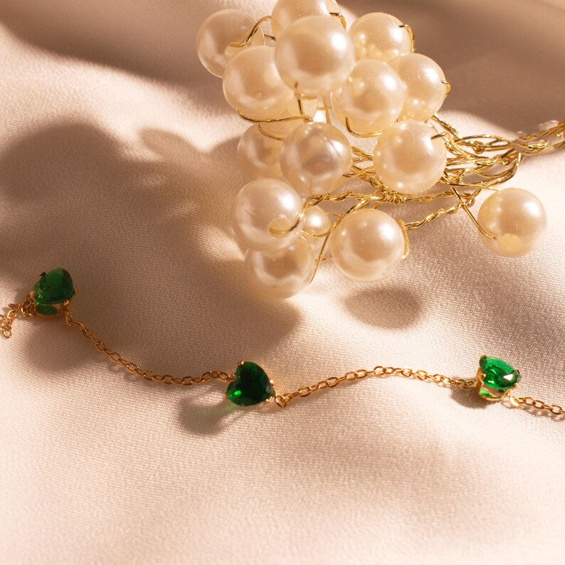 Emerald Heart Anklet: 16k Gold Plated Green Crystal Ankle Bracelet
