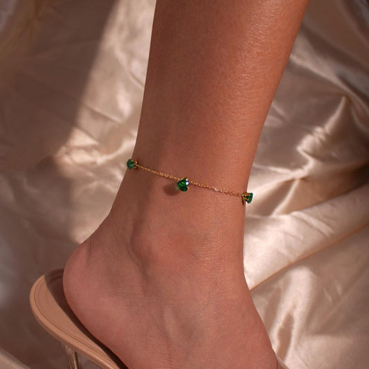 Emerald Heart Anklet: 16k Gold Plated Green Crystal Ankle Bracelet