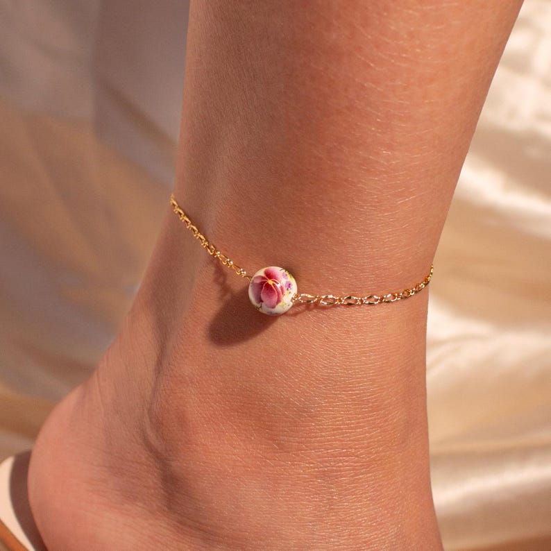 Ceramic Flower Charm Anklet: Asian Style, Something Blue