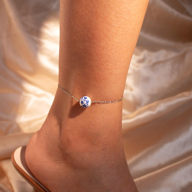Ceramic Flower Charm Anklet: Asian Style, Something Blue