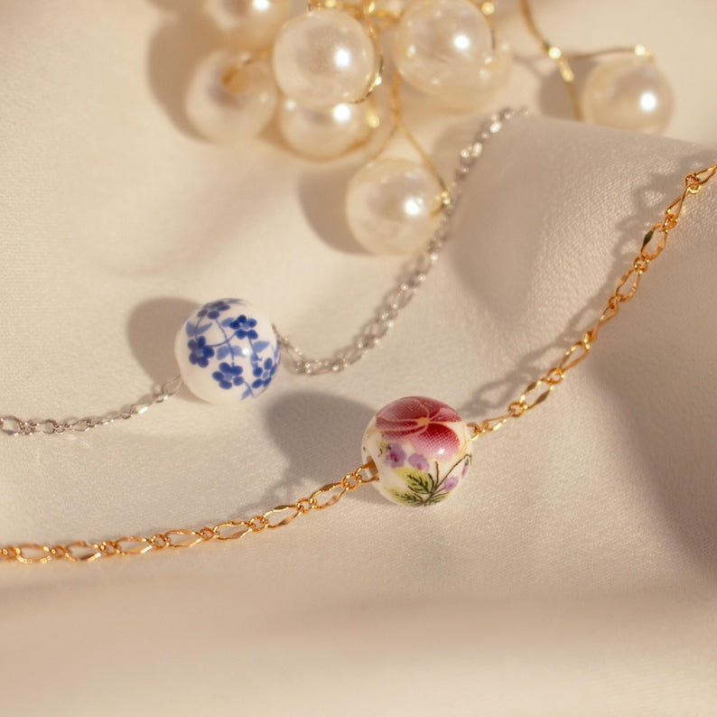 Ceramic Flower Charm Anklet: Asian Style, Something Blue