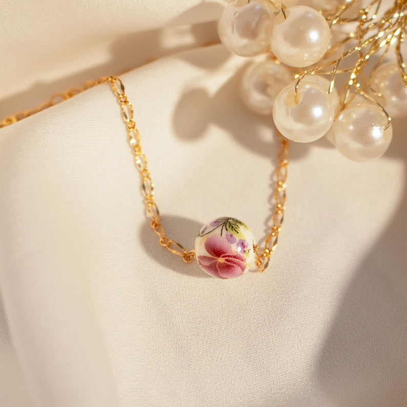 Ceramic Flower Charm Anklet: Asian Style, Something Blue