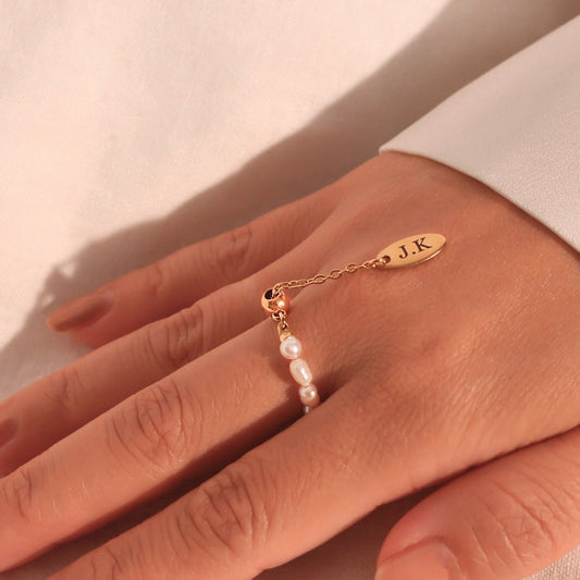 Freshwater Pearl Personalized Ring: 16K Gold Plated Adjustable Name Ring