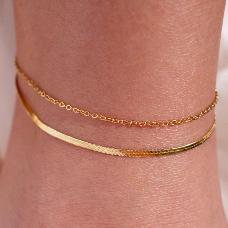 Gold Double Layered Herringbone Anklet: Dainty Everyday Jewelry