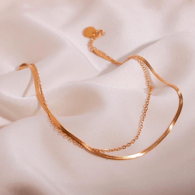 Gold Double Layered Herringbone Anklet: Dainty Everyday Jewelry