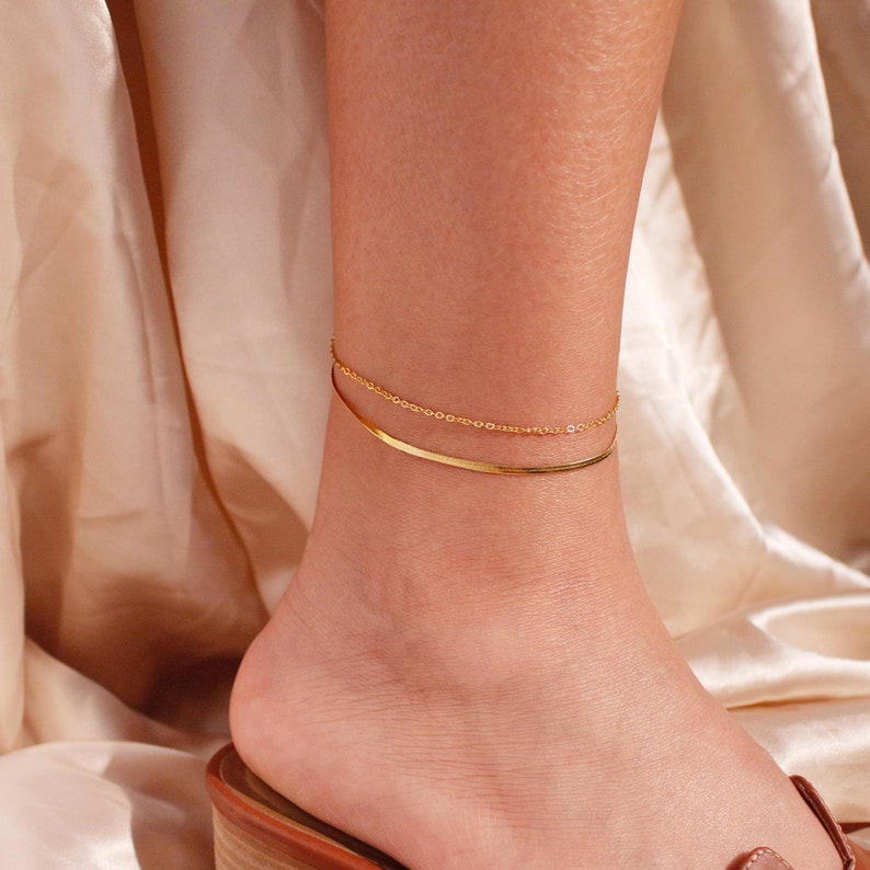Gold Double Layered Herringbone Anklet: Dainty Everyday Jewelry