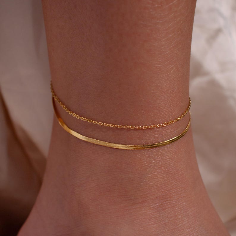 Gold Double Layered Herringbone Anklet: Dainty Everyday Jewelry