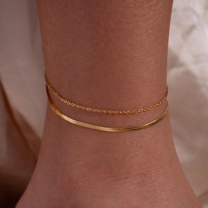 Gold Double Layered Herringbone Anklet: Dainty Everyday Jewelry