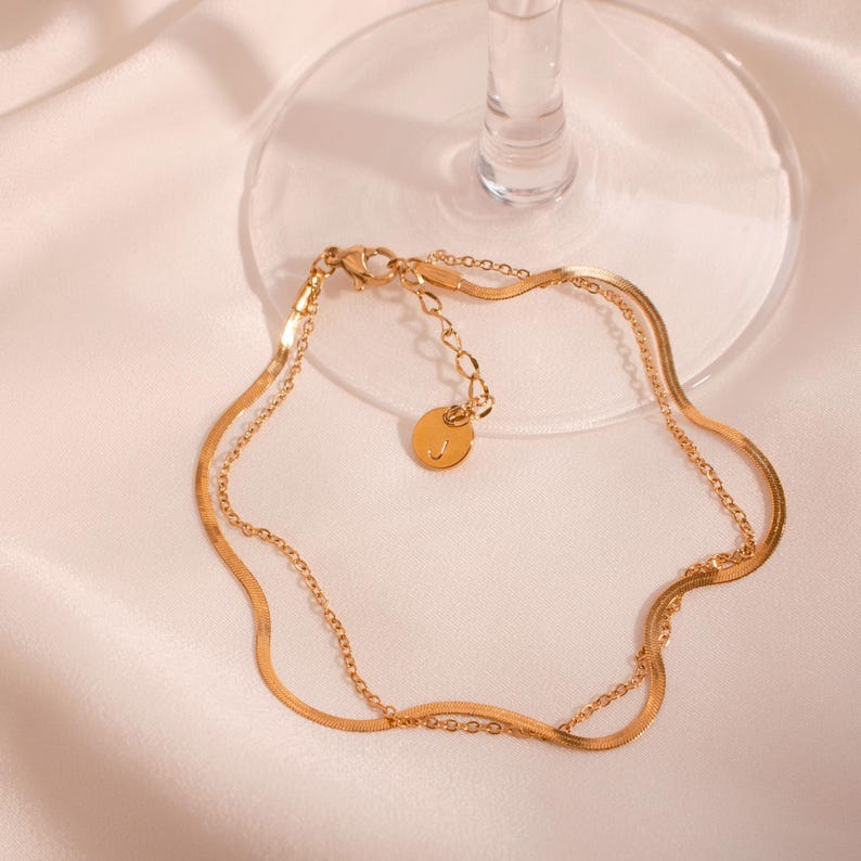 Gold Double Layered Herringbone Anklet: Dainty Everyday Jewelry