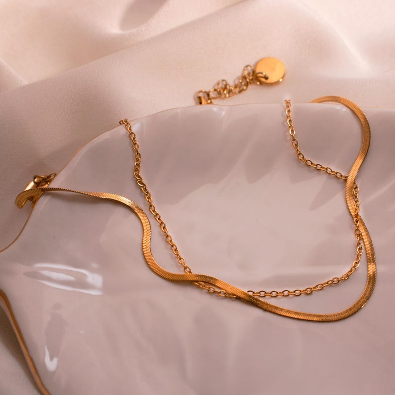 Gold Double Layered Herringbone Anklet: Dainty Everyday Jewelry