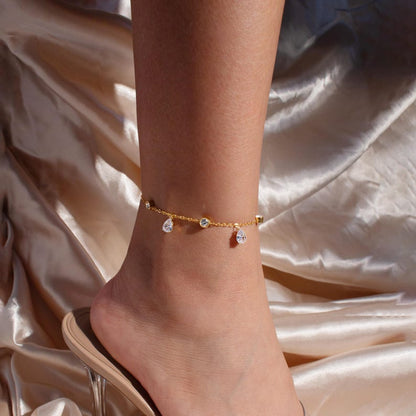 Gold Cubic Zirconia Anklet: Teardrop Crystal Ankle Bracelet
