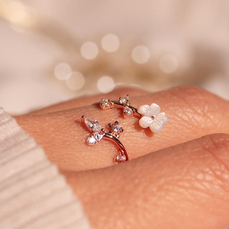 Birth Flower Ring 925 Sterling Silver Valentine's day gift Mother of Pearl Sakura Rings Adjustable Delicate Personalized Birthstone Gift