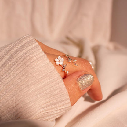 Birth Flower Ring 925 Sterling Silver Mother of Pearl Sakura Rings Adjustable Delicate Personalized Birthstone Gift