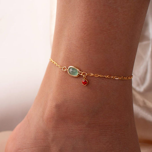 Color Gemstone Birthstone Anklet: Gold-Plated Adjustable Ankle Bracelet