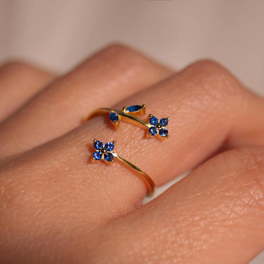 Something Blue Ring 925 Sterling Silver Adjustable Gold Plated, Dainty Gift for Her, Free Size Floral Jewelry