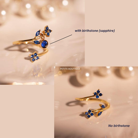 Something Blue Ring 925 Sterling Silver Adjustable Gold Plated, Dainty Gift for Her, Free Size Floral Jewelry