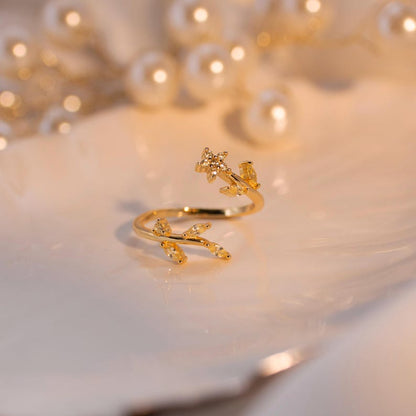 Gold Flower Leaf Ring 925 Sterling Silver Dainty Adjustable Floral Ring for Her