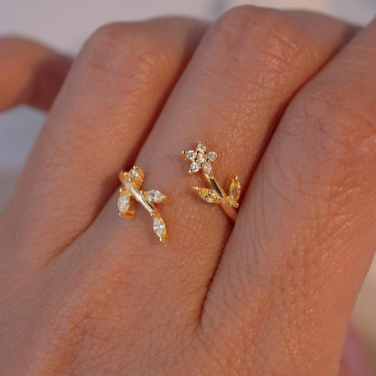 Gold Flower Leaf Ring 925 Sterling Silver Dainty Adjustable Floral Ring for Her