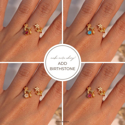 Gold Flower Leaf Ring 925 Sterling Silver Dainty Adjustable Floral Ring for Her