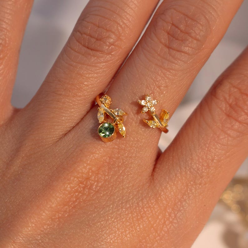 Gold Flower Leaf Ring 925 Sterling Silver Dainty Adjustable Floral Ring for Her
