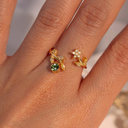 Gold Flower Leaf Ring 925 Sterling Silver Dainty Adjustable Floral Ring for Her