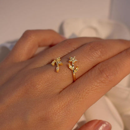 Gold Flower Leaf Ring 925 Sterling Silver Dainty Adjustable Floral Ring for Her