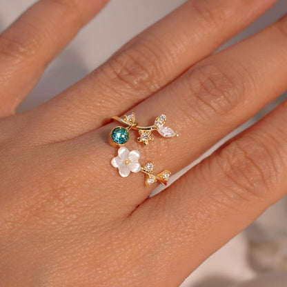 Birth Flower Ring 925 Sterling Silver Mother of Pearl Sakura Rings Adjustable Delicate Personalized Birthstone Gift