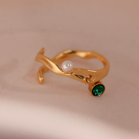 Pearl Birthstone Ring 925 Sterling Silver Adjustable Wave Ring