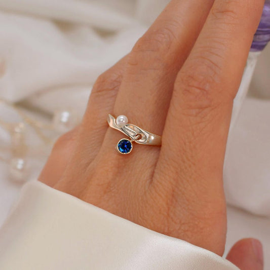 Pearl Birthstone Ring 925 Sterling Silver Adjustable Wave Ring