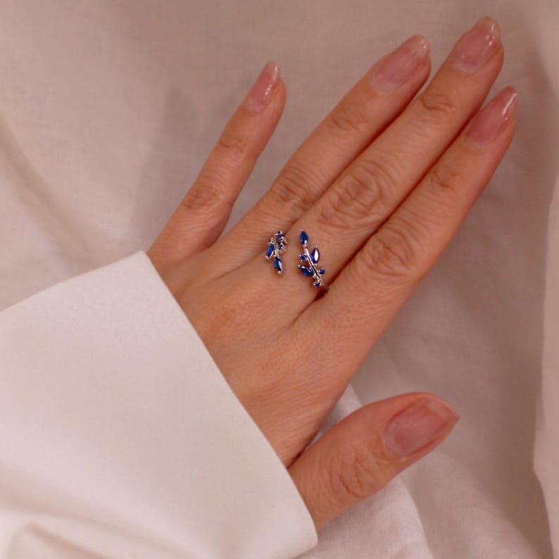 Blue Sapphire Ring 925 Sterling Silver Something Blue Rings Leaf Adjustable,Personalized Gift