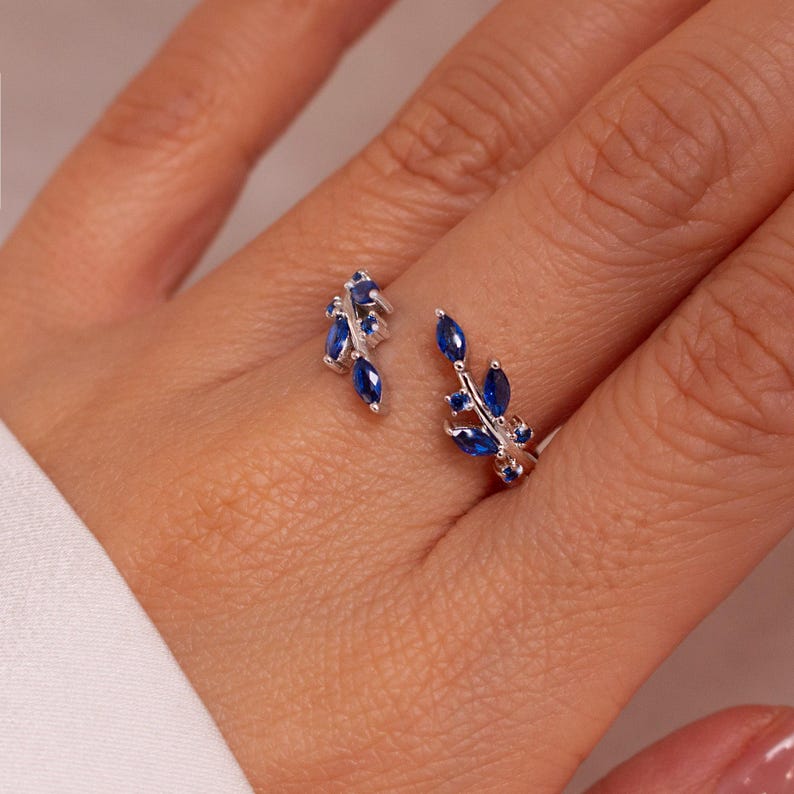 Blue Sapphire Ring 925 Sterling Silver Something Blue Rings Leaf Adjustable,Personalized Gift