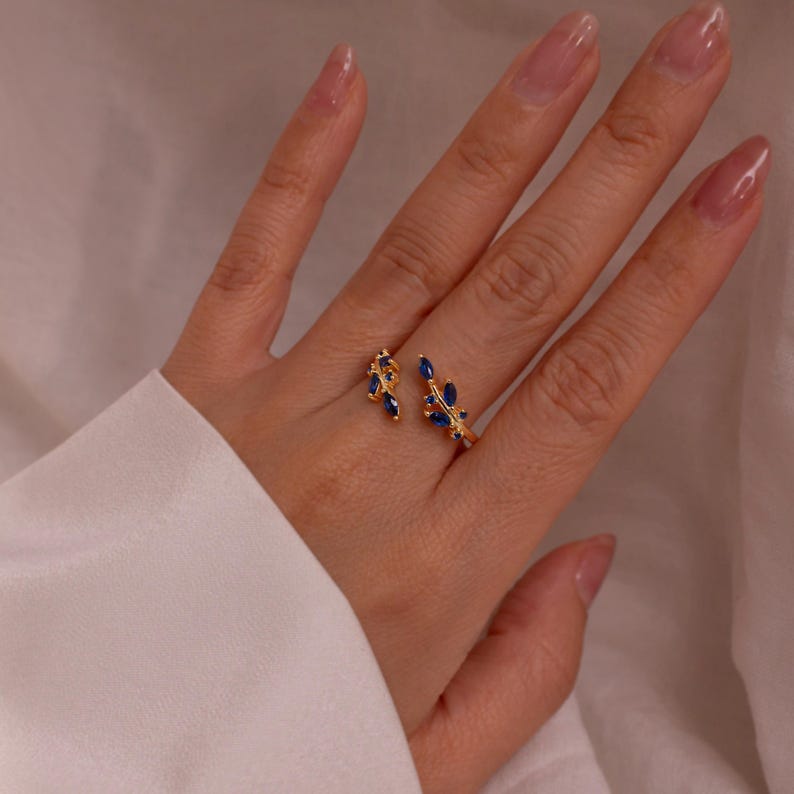 Blue Sapphire Ring 925 Sterling Silver Something Blue Rings Leaf Adjustable,Personalized Gift