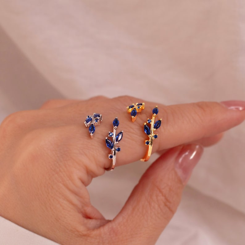 Blue Sapphire Ring 925 Sterling Silver Something Blue Rings Leaf Adjustable,Personalized Gift
