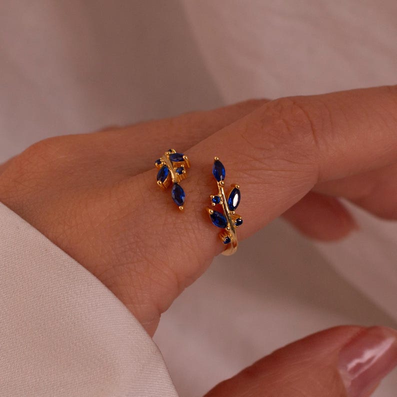 Blue Sapphire Ring 925 Sterling Silver Something Blue Rings Leaf Adjustable,Personalized Gift