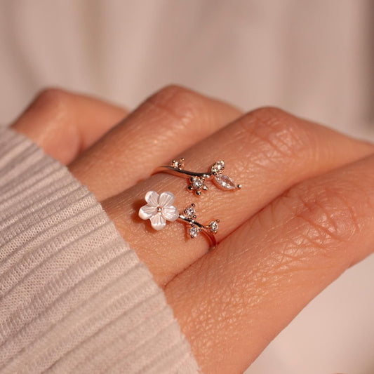Birth Flower Ring 925 Sterling Silver Valentine's day gift Mother of Pearl Sakura Rings Adjustable Delicate Personalized Birthstone Gift