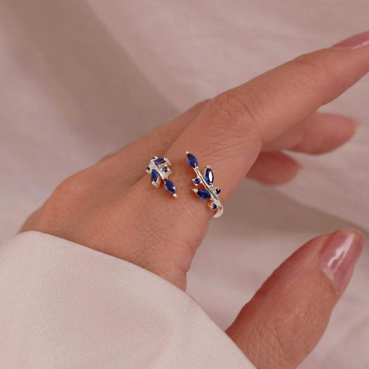 Blue Sapphire Ring 925 Sterling Silver Something Blue Rings Leaf Adjustable,Personalized Gift