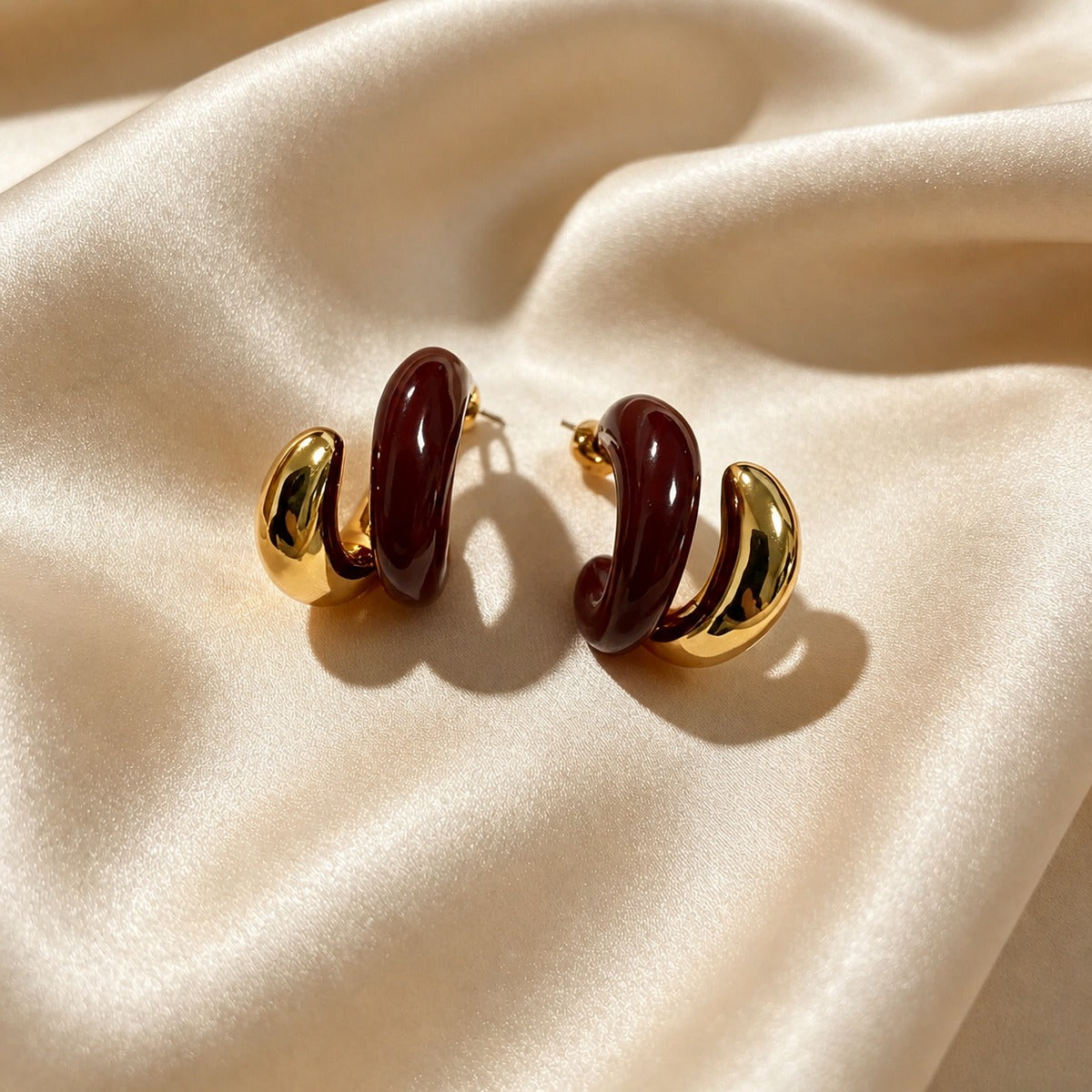 Burgundy Enamel C-Hoop Earrings