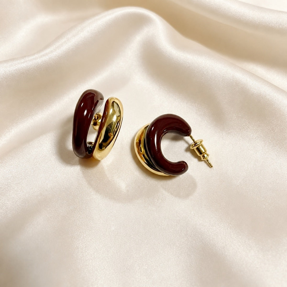 Burgundy Enamel C-Hoop Earrings
