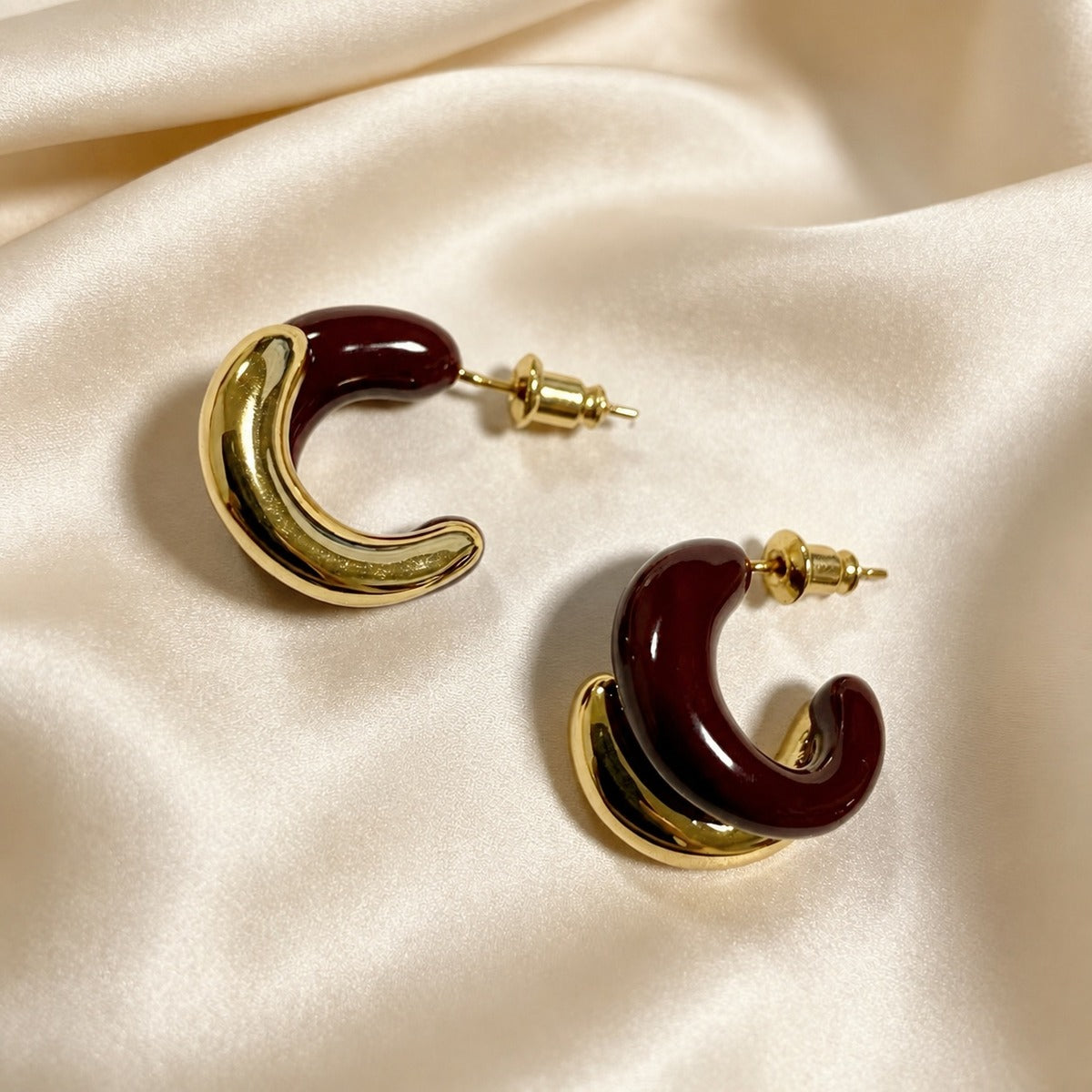 Burgundy Enamel C-Hoop Earrings
